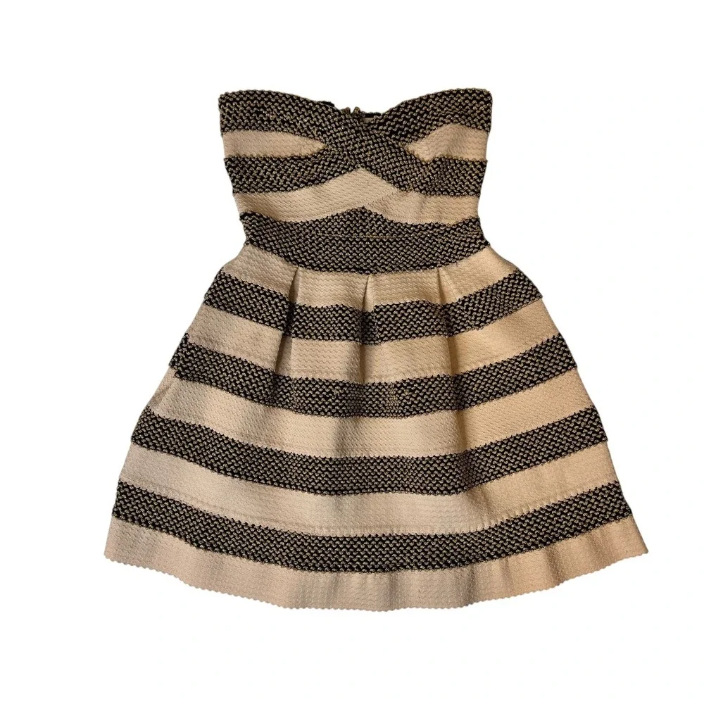 Lore Black Gold Cream Striped Strapless Pleated Fit and Flare Dress Size M Lo're